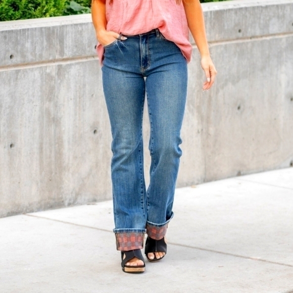 Judy Blue Denim - Judy Blue High Waisted Straight Plaid‎ Cuffed Jeans Size 11/30 NWT